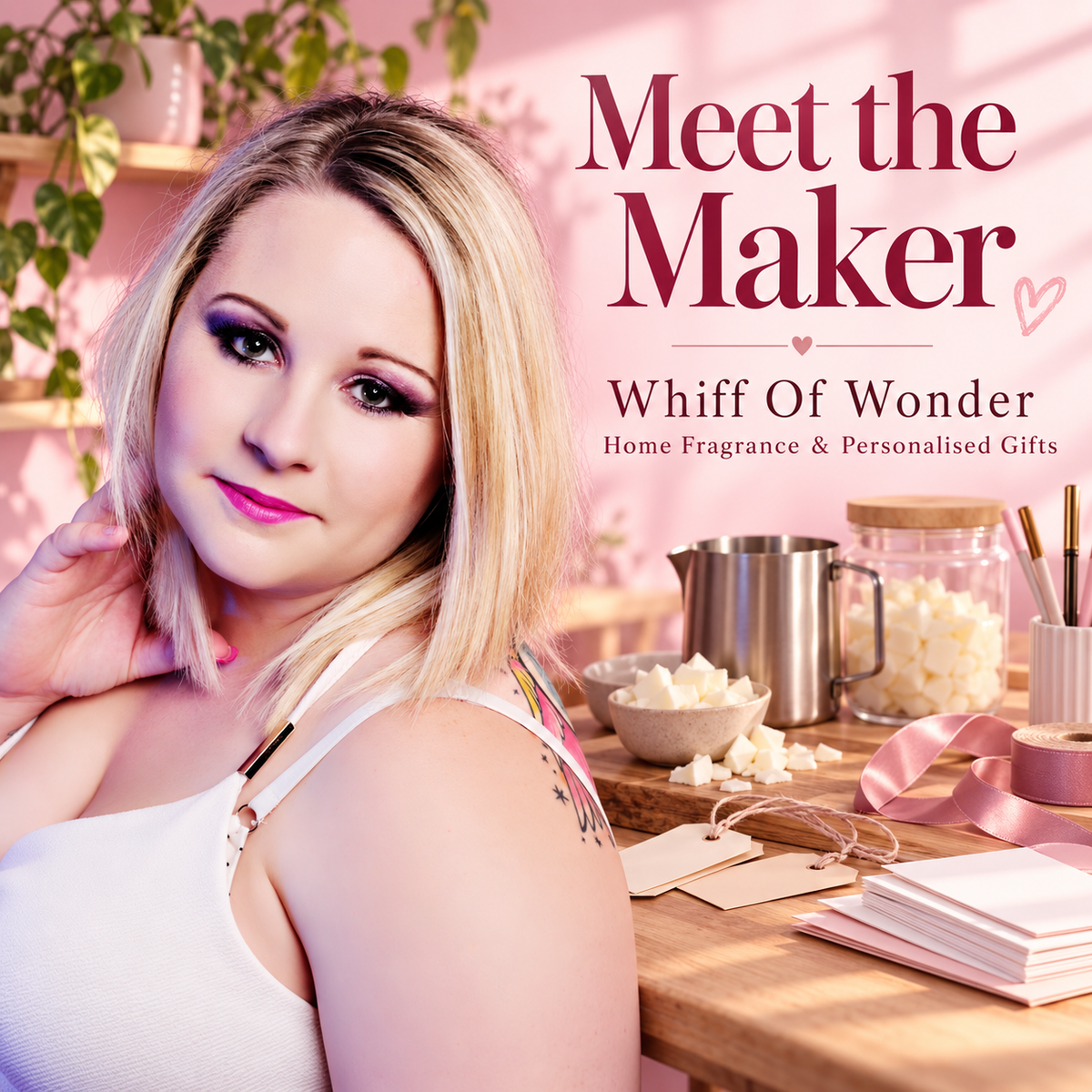 Meet the Maker — Lenny of Whiff Of Wonder, with a pink background and fragrance-making and gift-design details