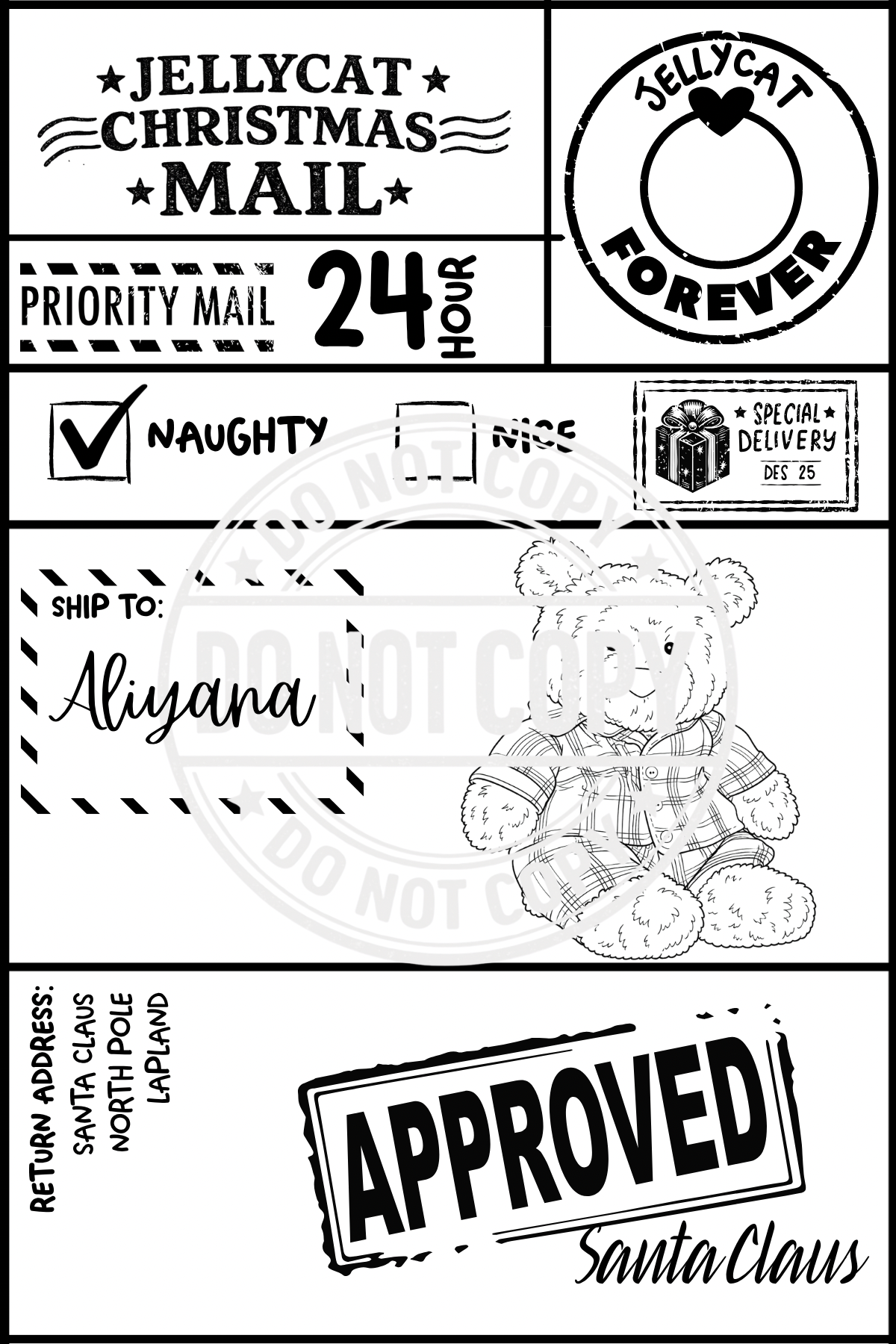 Personalised Jellycat-inspired Christmas Mail label for Alayanna with a teddy bear and Santa Claus approval stamp.