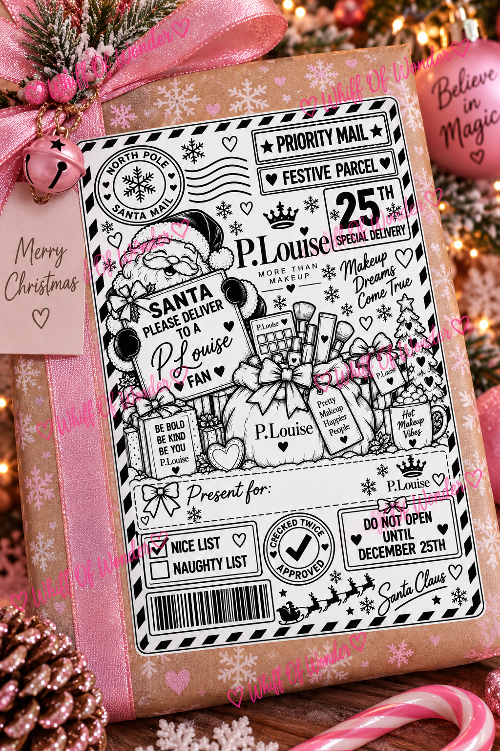 P.Louise makeup-themed Christmas shipping label with cosmetics, postal markings and pink accents on a ribboned gift.