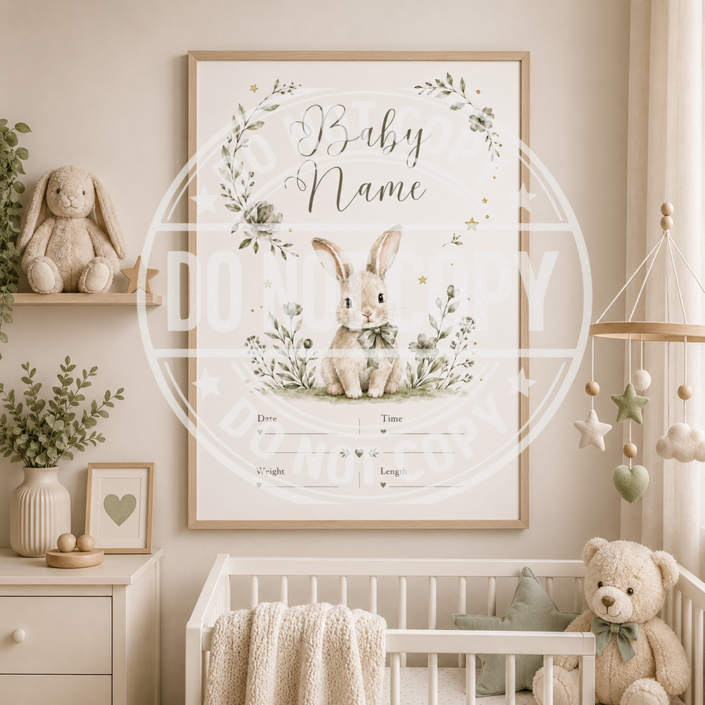 Personalised Baby Bunny Birth Statistic Print | A4 Nursery Decor | Custom Prints Uk