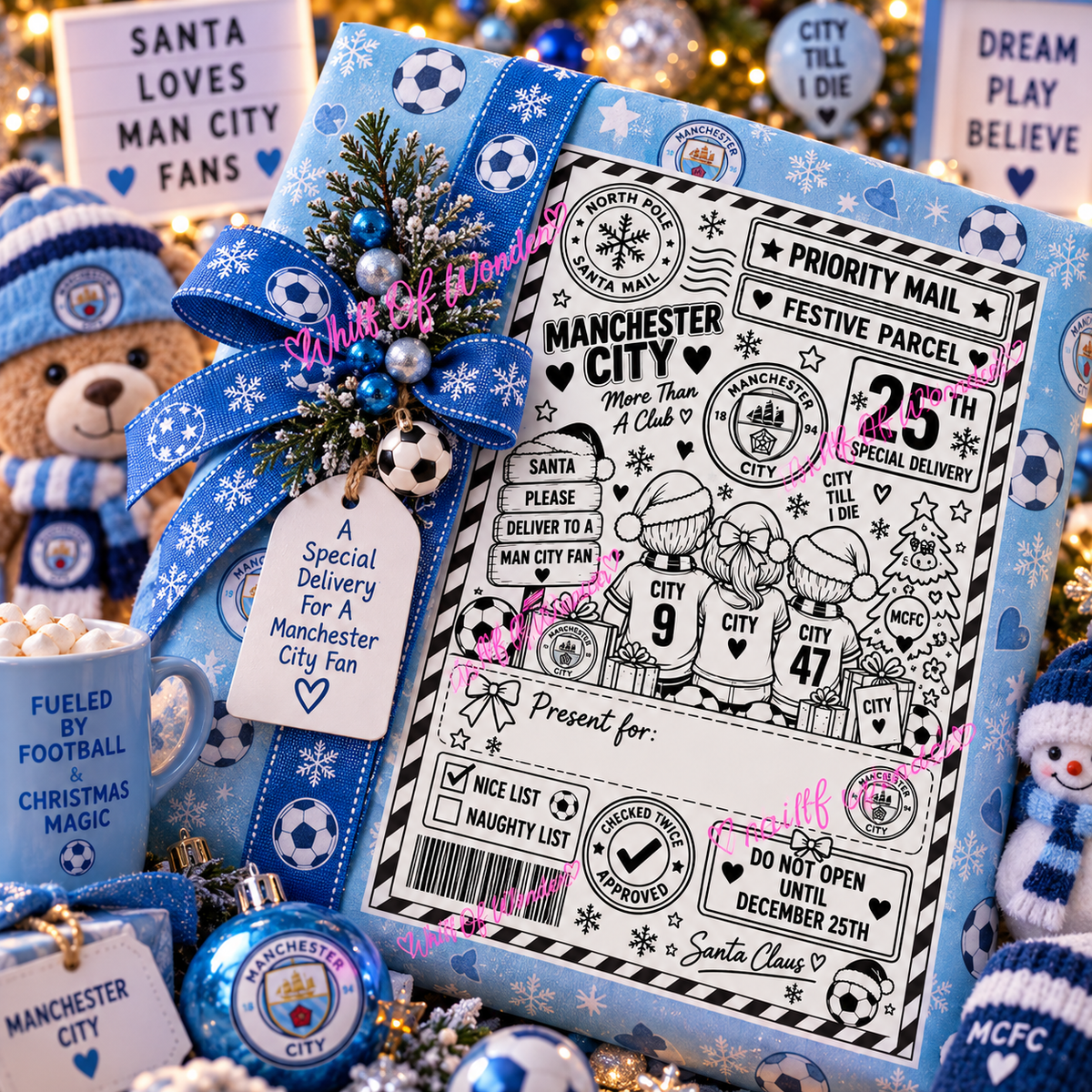 Manchester City football-themed Christmas shipping label on a blue festive gift display.