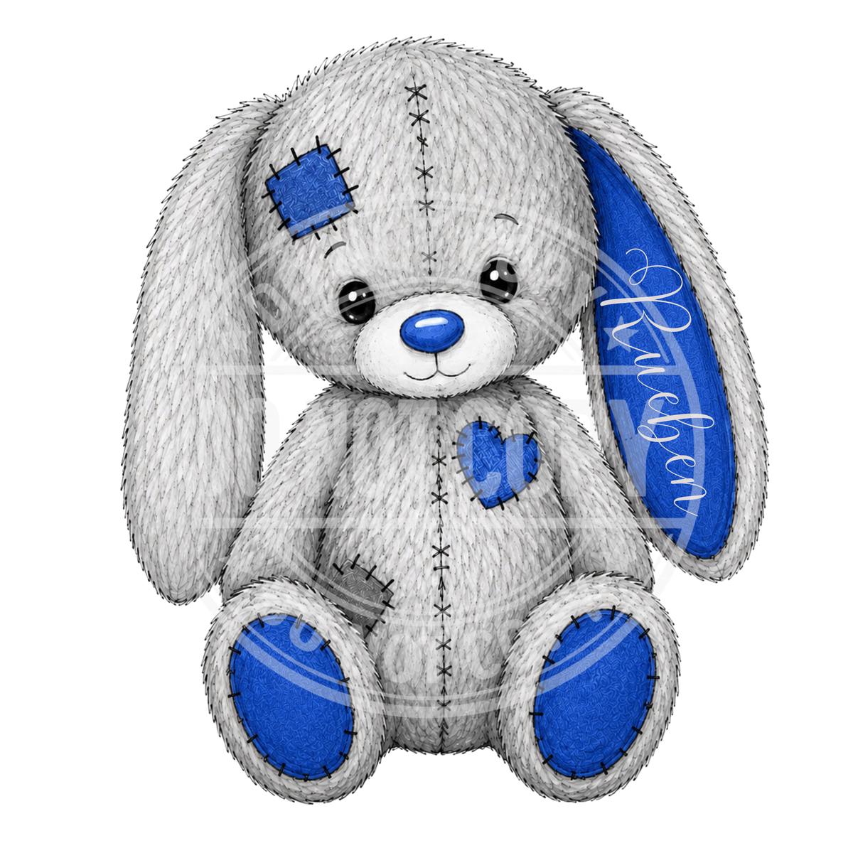 Grey patchwork bunny illustration with royal blue ears and paws and a personalised name on one ear.