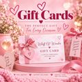 Pink Whiff Of Wonder gift card promotional graphic with a ribboned gift card, flowers and gift boxes.