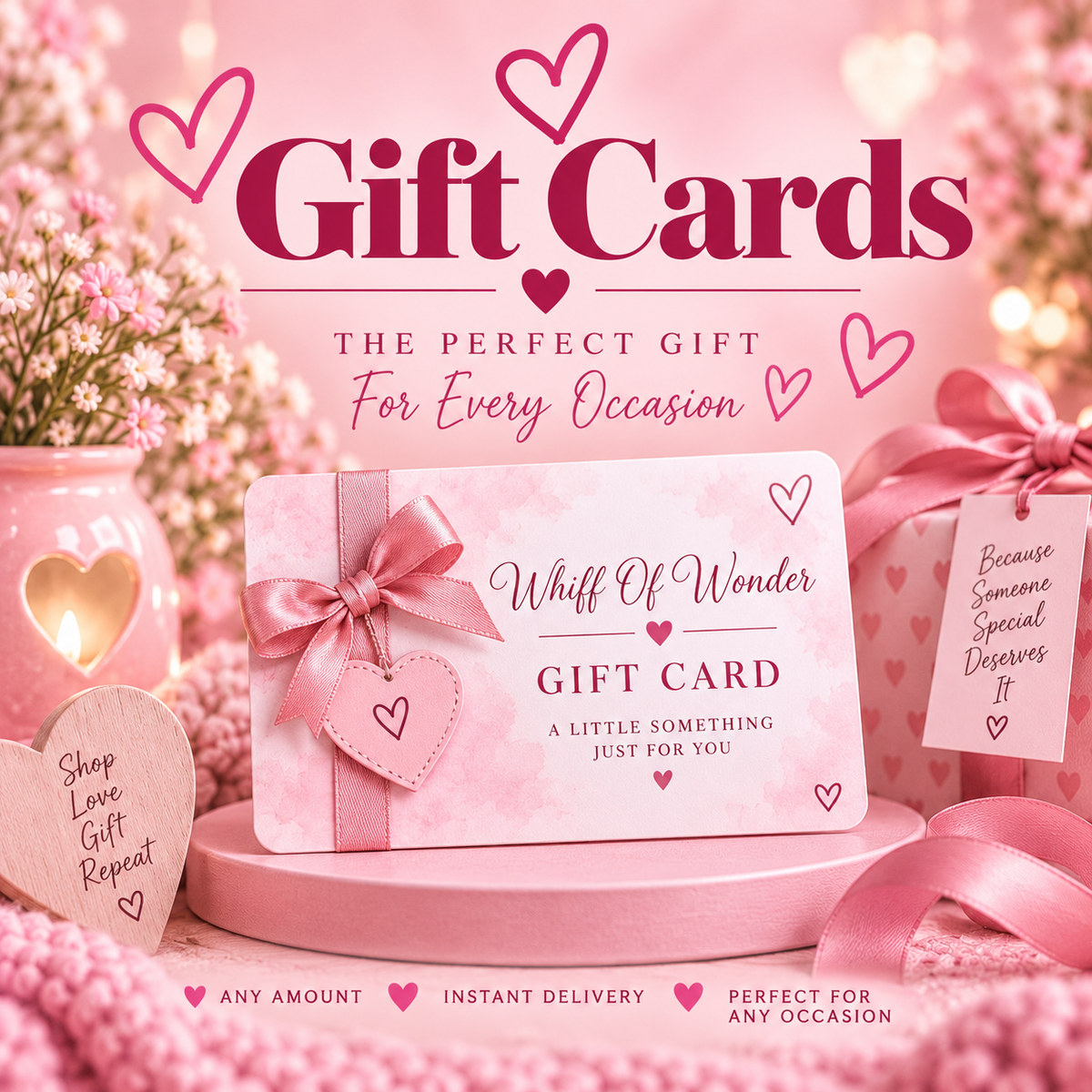 Pink Whiff Of Wonder gift card promotional graphic with a ribboned gift card, flowers and gift boxes.