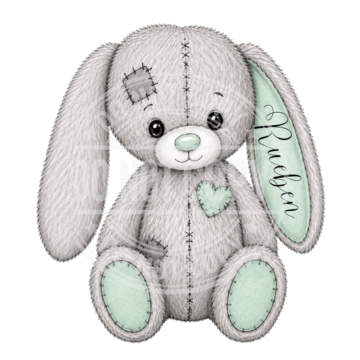 Grey patchwork bunny illustration with mint green ears and paws and a personalised name on one ear.