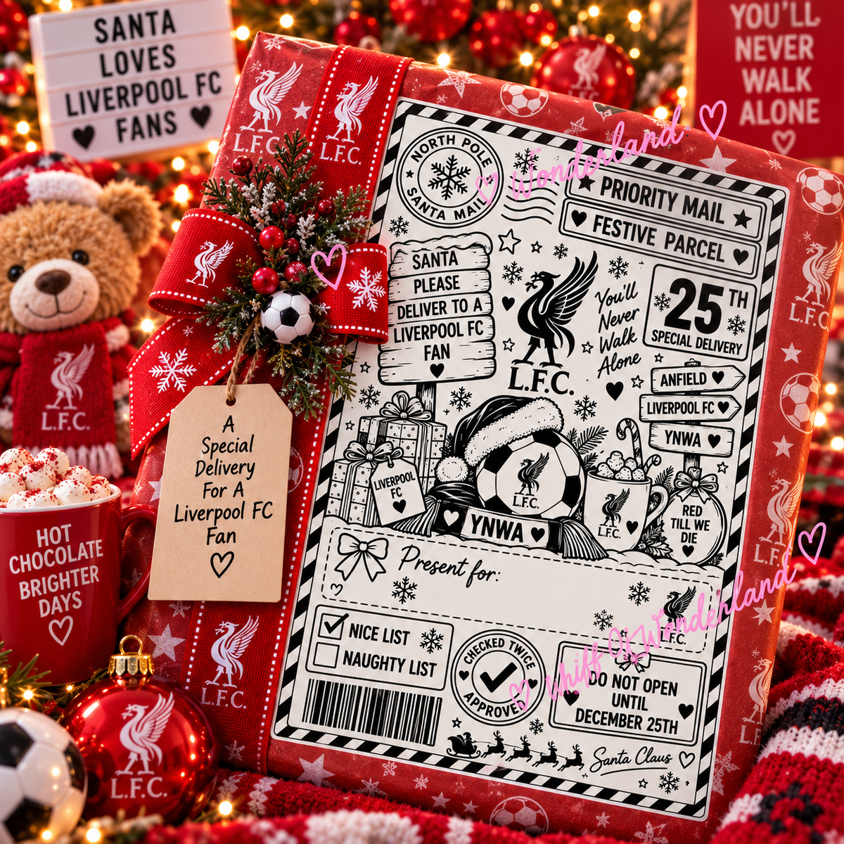 Liverpool football-themed Christmas shipping label with club imagery on a red festive gift display.