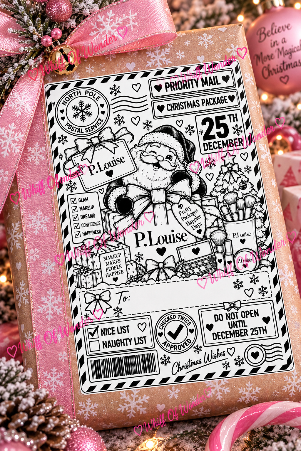 P.Louise makeup-themed Christmas shipping label with cosmetics, postal markings and pink accents on a ribboned gift.