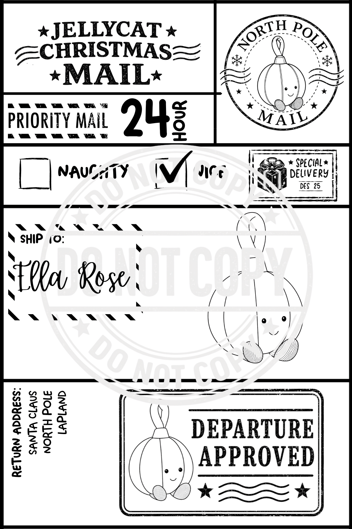 Personalised Jellycat-inspired Christmas Mail label for Ella Rose with a bunny and Departure Approved stamp.
