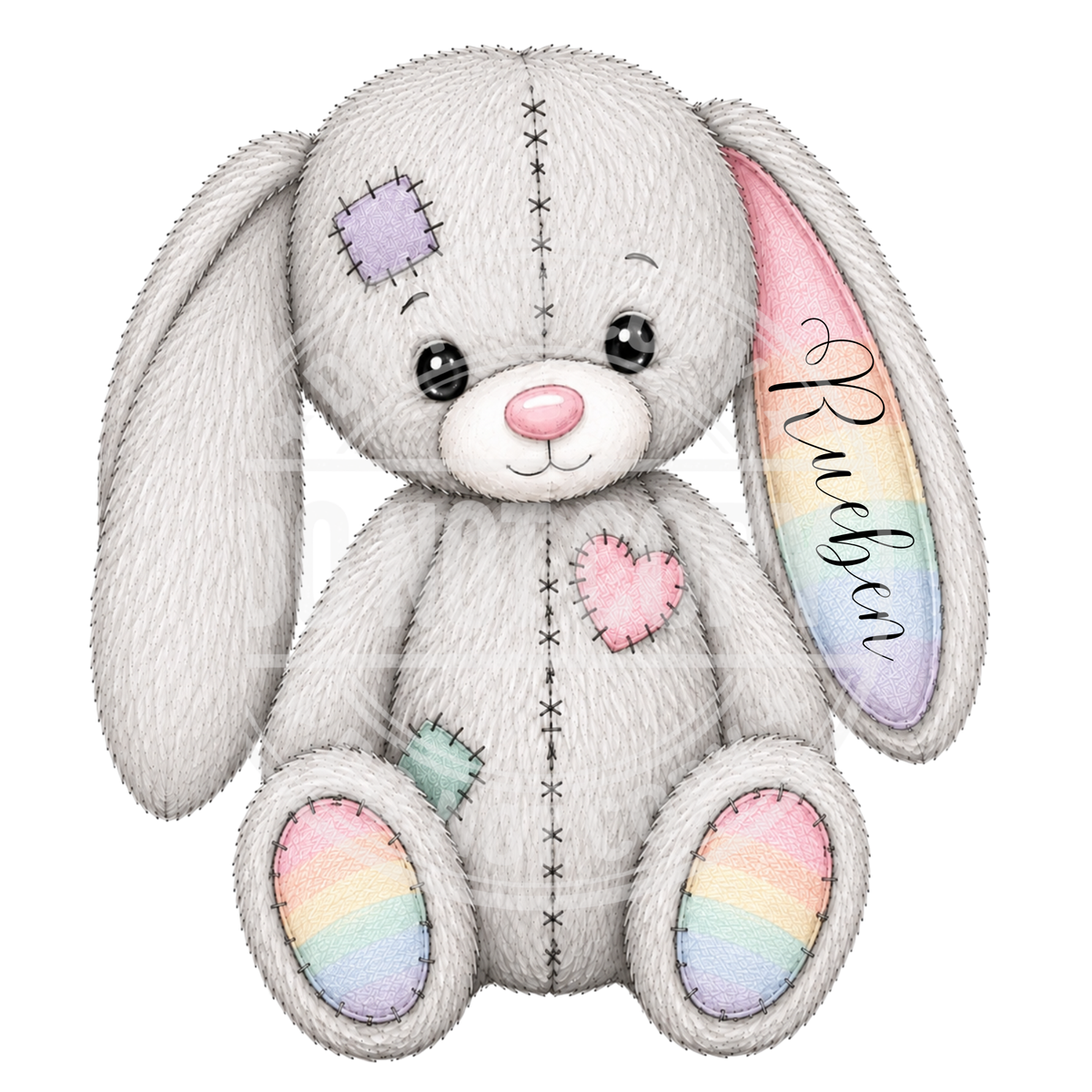 Grey patchwork bunny illustration with pastel rainbow ears and paws and a personalised name on one ear.