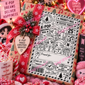 K-pop Christmas shipping label with cartoon performers, postal markings and festive decorations.
