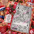 Paw Patrol-inspired Christmas shipping label with cartoon rescue dogs on a red festive gift display.