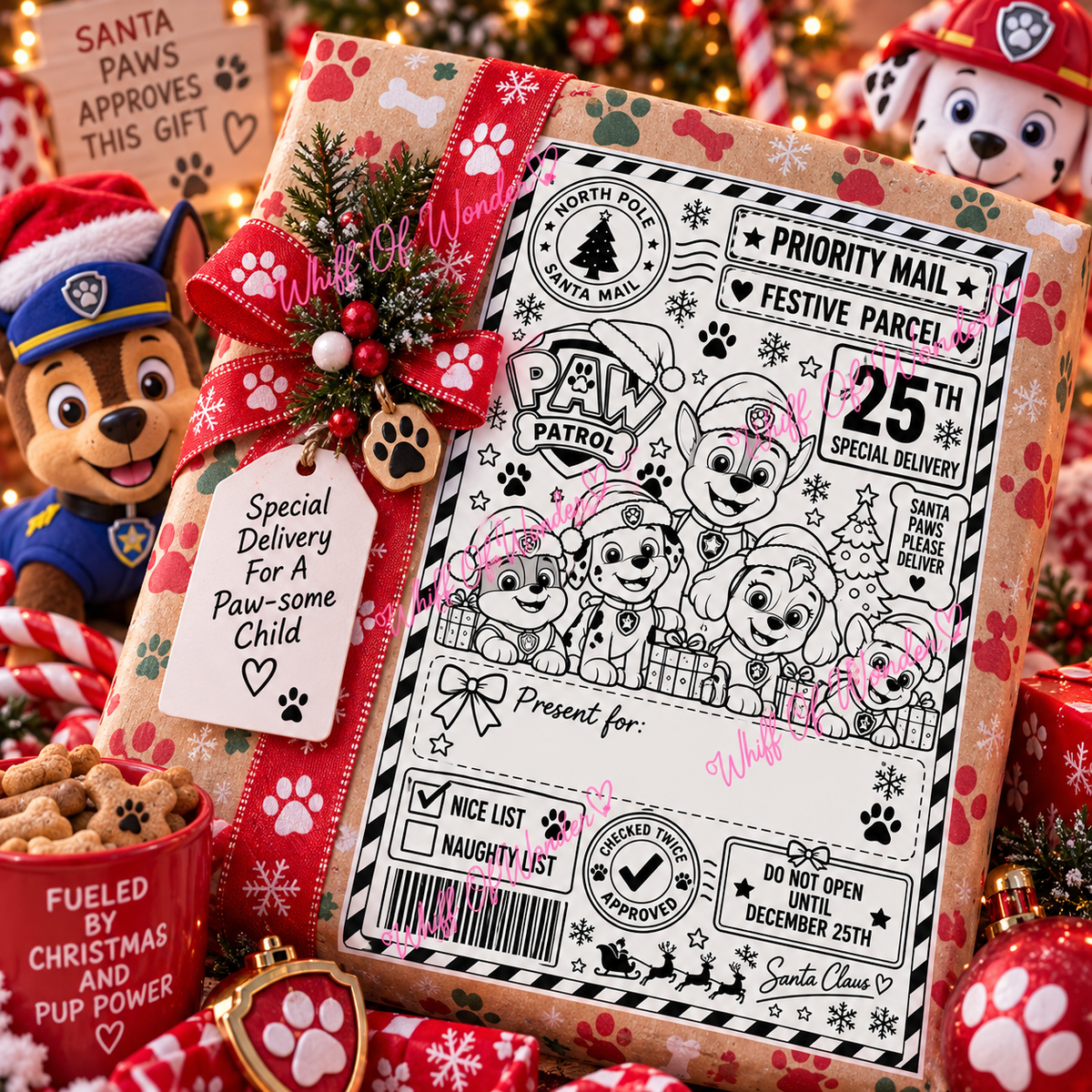 Paw Patrol-inspired Christmas shipping label with cartoon rescue dogs on a red festive gift display.