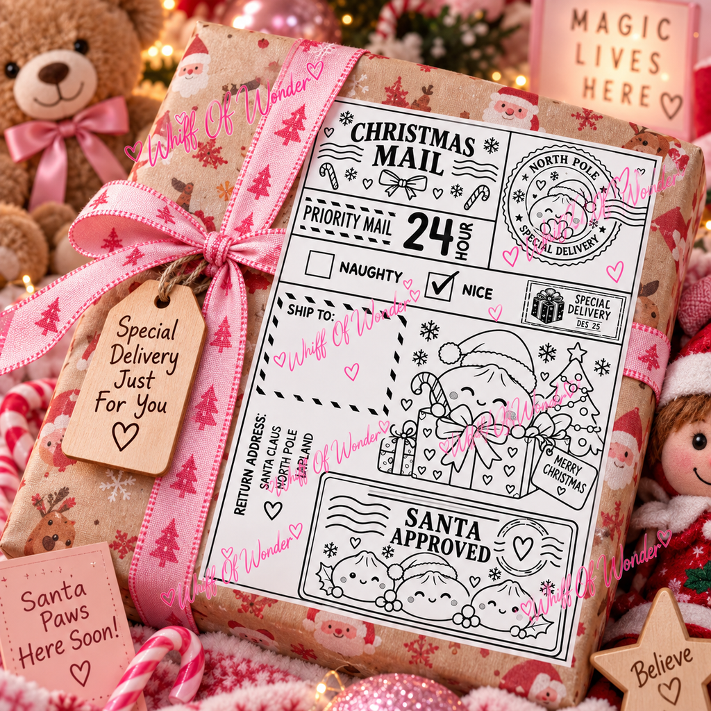 Christmas Mail gift label with smiling dumpling characters and Santa Approved wording on a wrapped present.