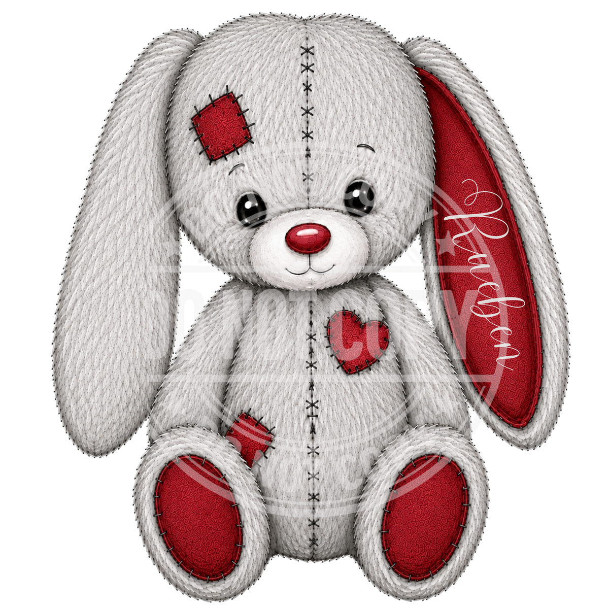 Grey patchwork bunny illustration with red ears and paws and a personalised name on one ear.