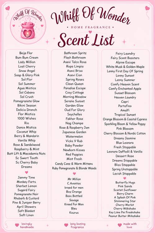 Whiff Of Wonder scent list with fragrance names arranged in columns on a pink floral background.