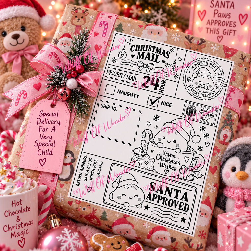 Christmas Mail gift label with smiling dumpling characters and Santa Approved wording on a wrapped present.