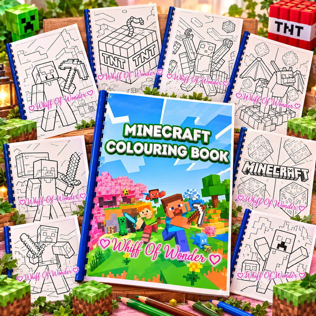 Minecraft colouring book cover surrounded by black-and-white character and block-building colouring pages.