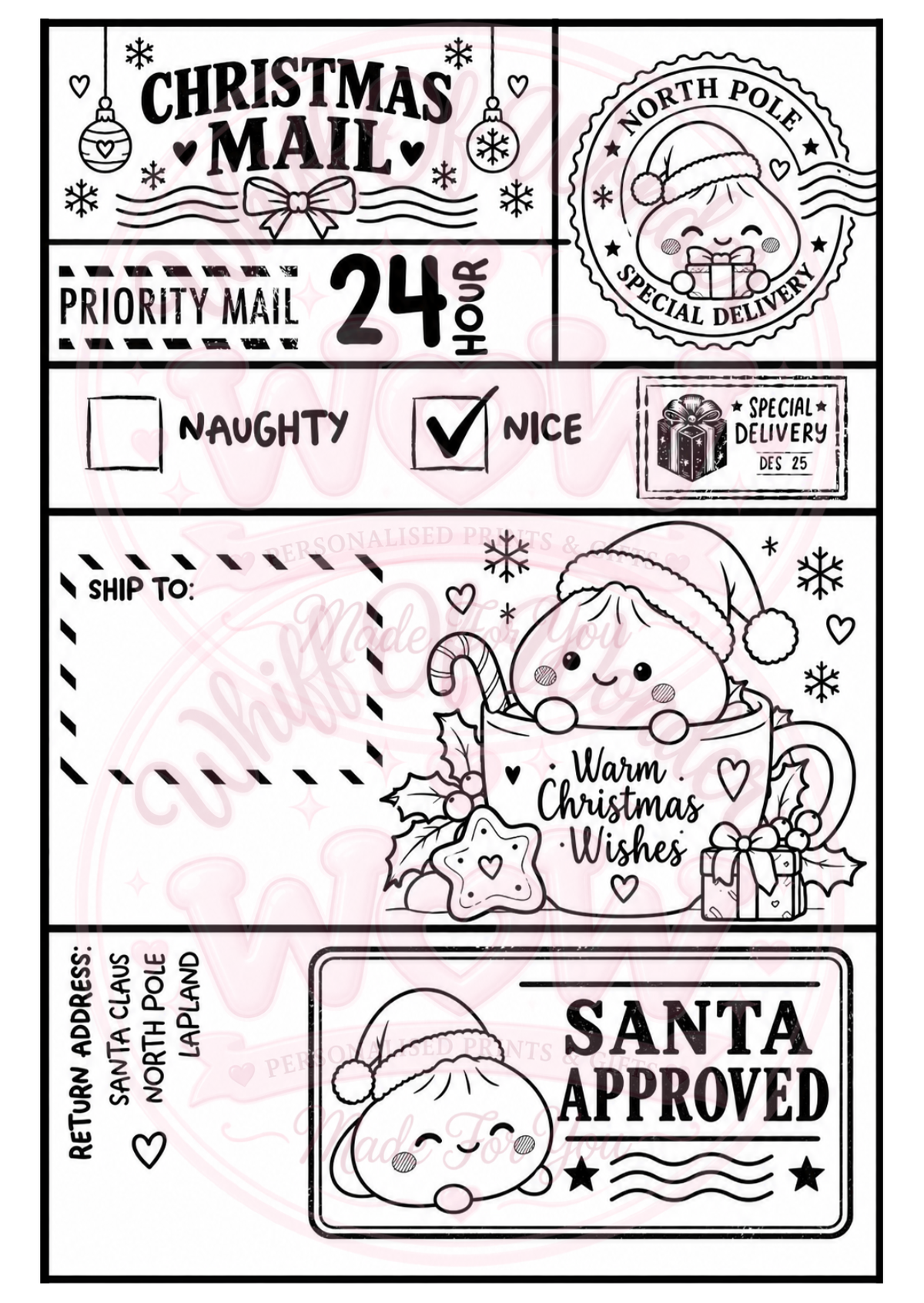 Black-and-white Christmas Mail gift label with a festive dumpling mug illustration and Santa Approved stamp.