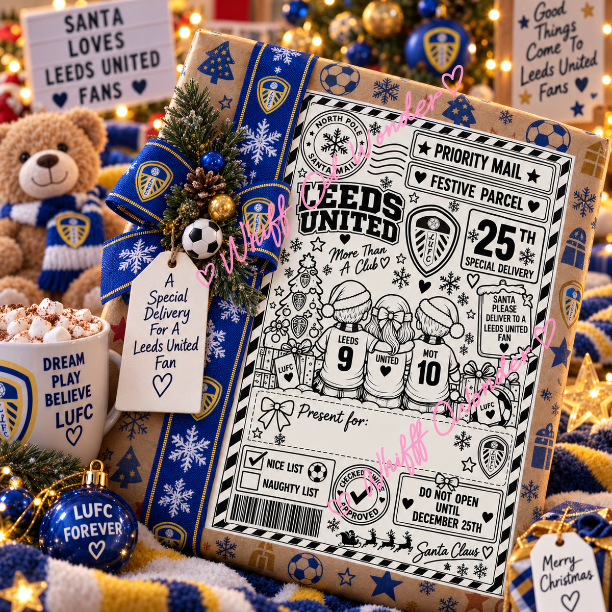 Leeds United football-themed Christmas shipping label on a blue and gold festive gift display.