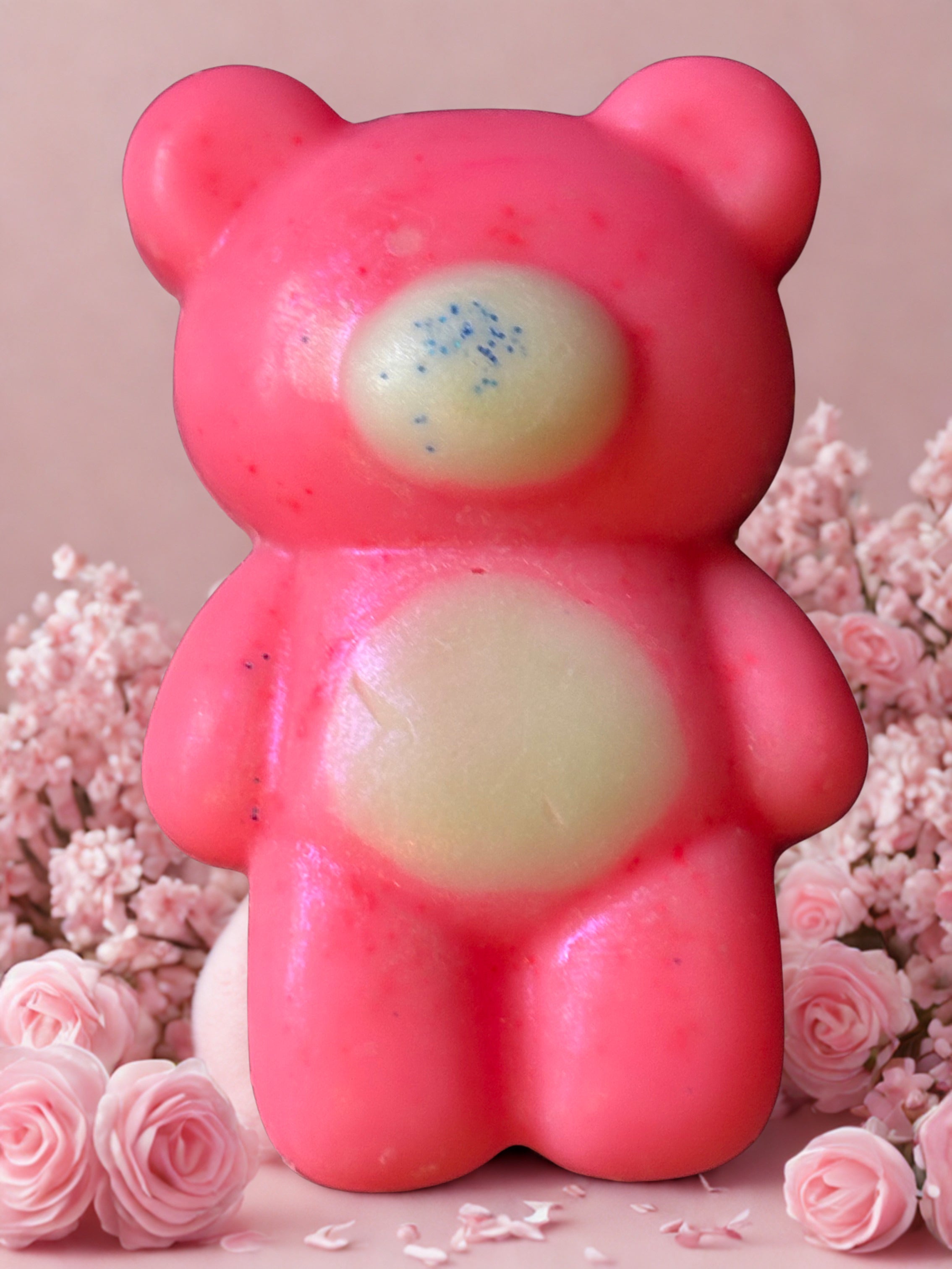 Cute Teddy shaped wax melt pink peony and cotton flower