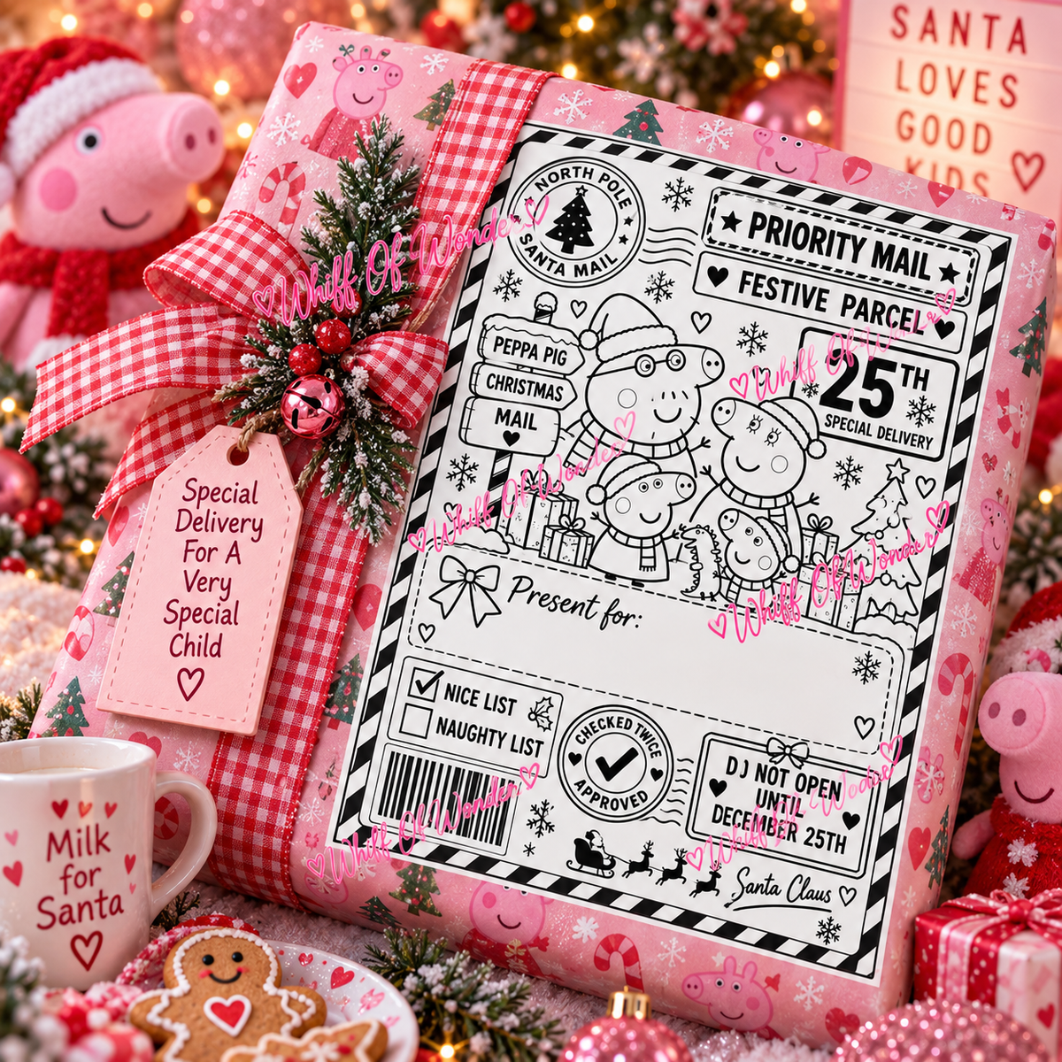 Peppa-inspired Christmas shipping label with cartoon pig characters on a pink festive gift display.