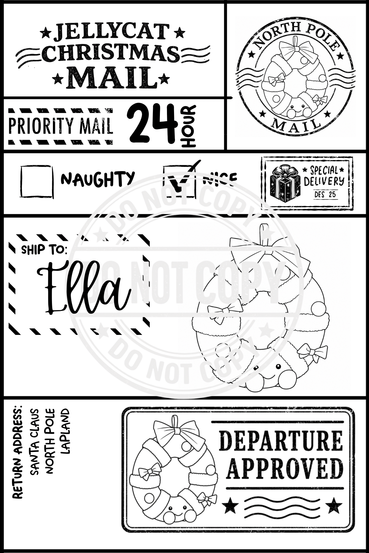 Personalised Jellycat-inspired Christmas Mail label for Ella with a wreath character and Departure Approved stamp.