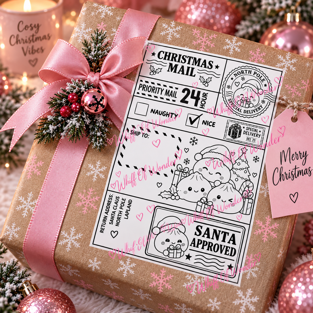 Christmas Mail gift label with smiling dumpling characters and Santa Approved wording on a wrapped present.