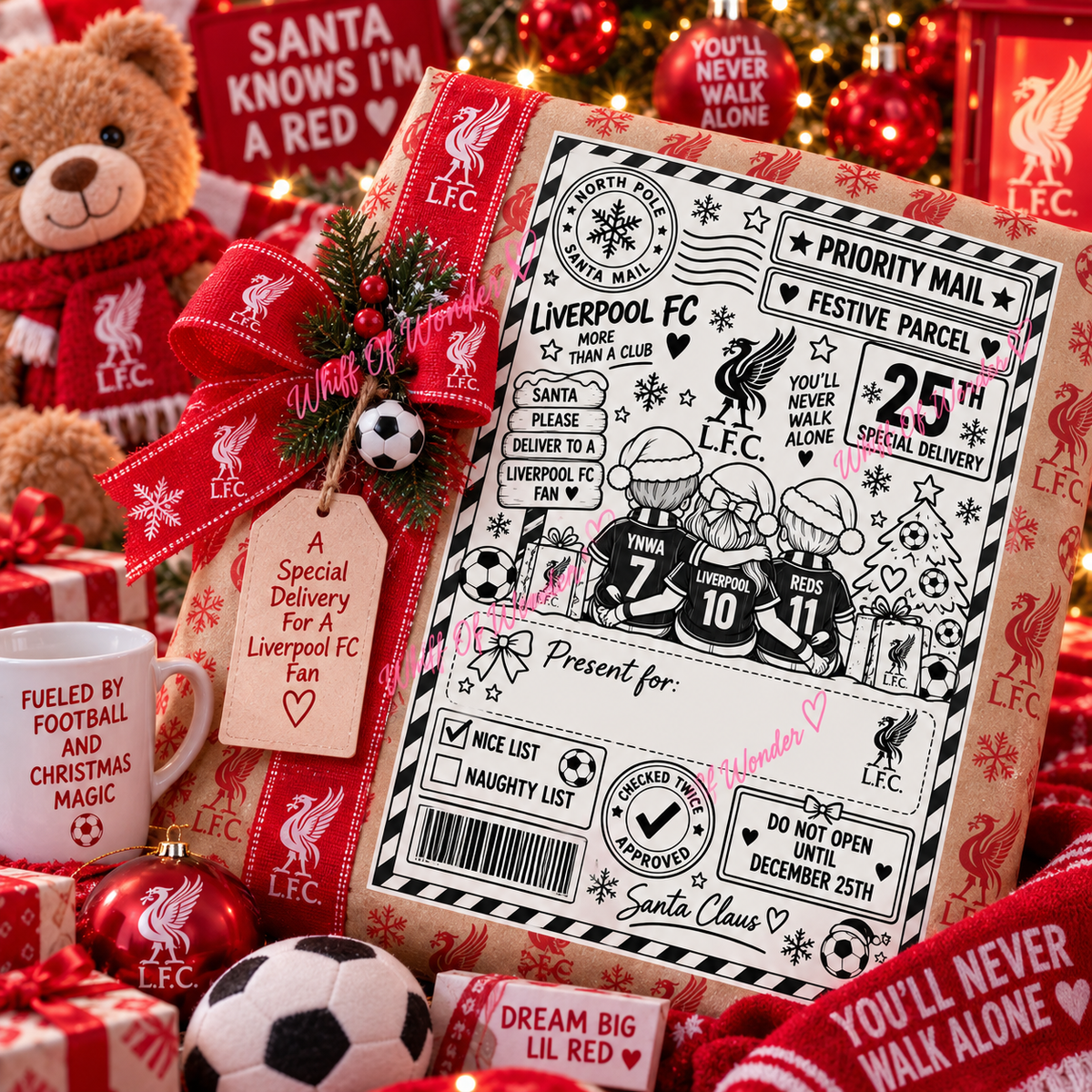 Liverpool football-themed Christmas shipping label with club imagery on a red festive gift display.