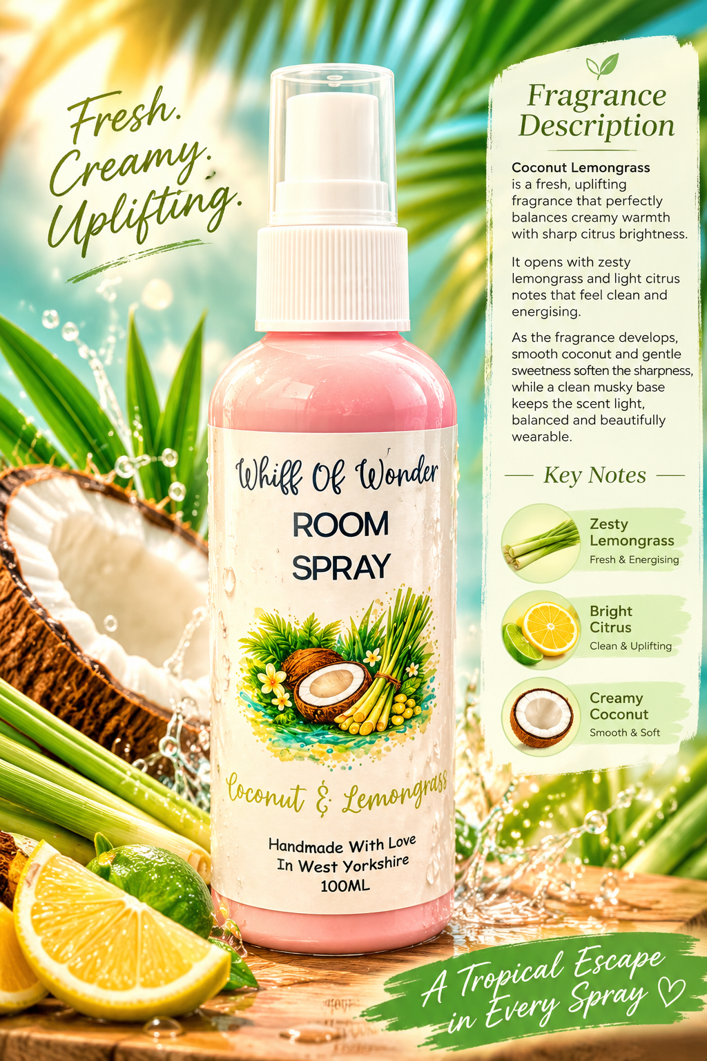 Coconut Lemongrass Room Spray | Strong Scented Home Fragrance UK