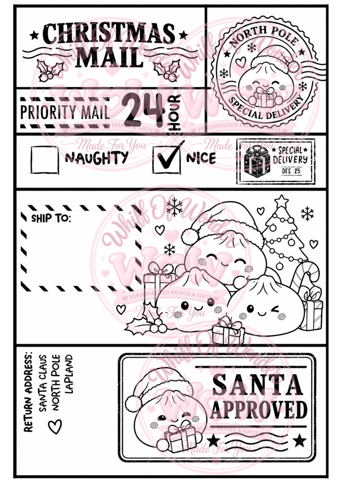 Black-and-white Christmas Mail gift label with three smiling dumpling characters and Santa Approved stamp.