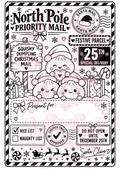 North Pole Priority Mail dumpling Christmas label with characters, a barcode and Nice List tick boxes.