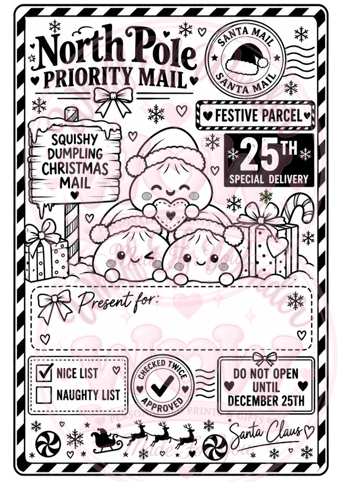 North Pole Priority Mail dumpling Christmas label with characters, a barcode and Nice List tick boxes.