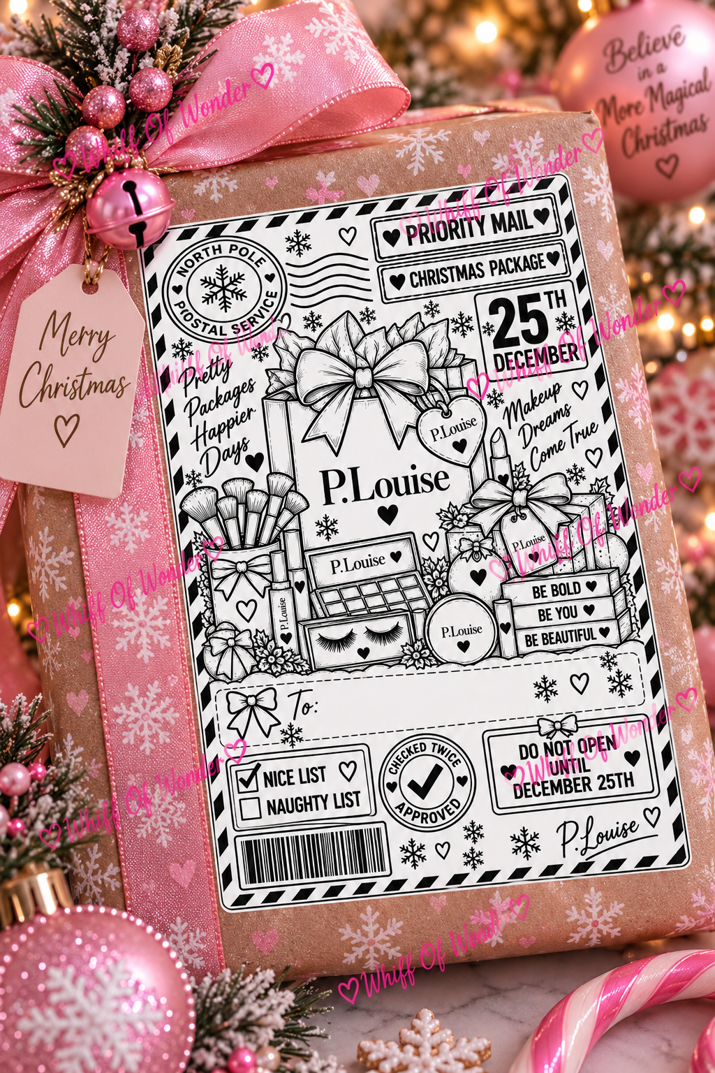 P.Louise makeup-themed Christmas shipping label with cosmetics, postal markings and pink accents on a ribboned gift.