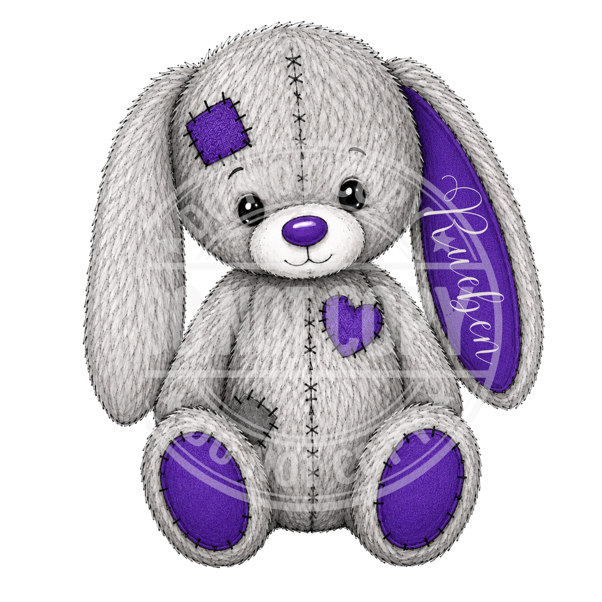 Grey patchwork bunny illustration with purple ears and paws and a personalised name on one ear.