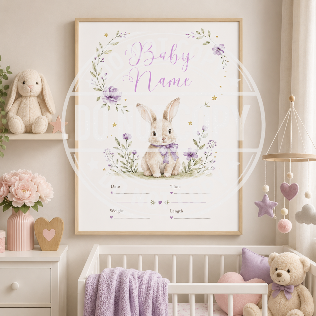 Personalised Baby Bunny Birth Statistic Print | A4 Nursery Decor | Custom Prints Uk