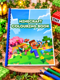 Minecraft colouring book cover showing block-style characters and scenery beside coloured pencils.