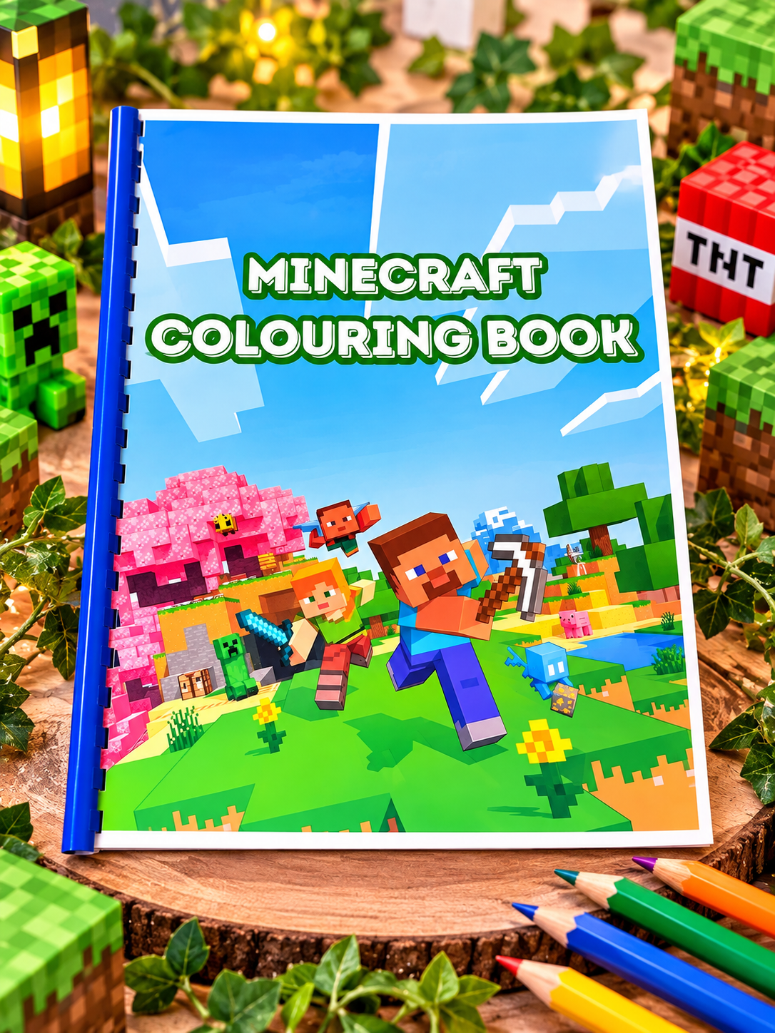 Minecraft colouring book cover showing block-style characters and scenery beside coloured pencils.