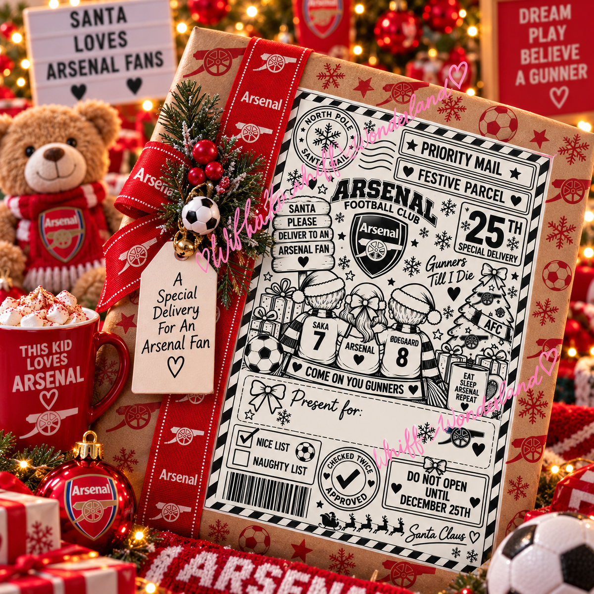 Arsenal football-themed Christmas shipping label on a red festive gift display.