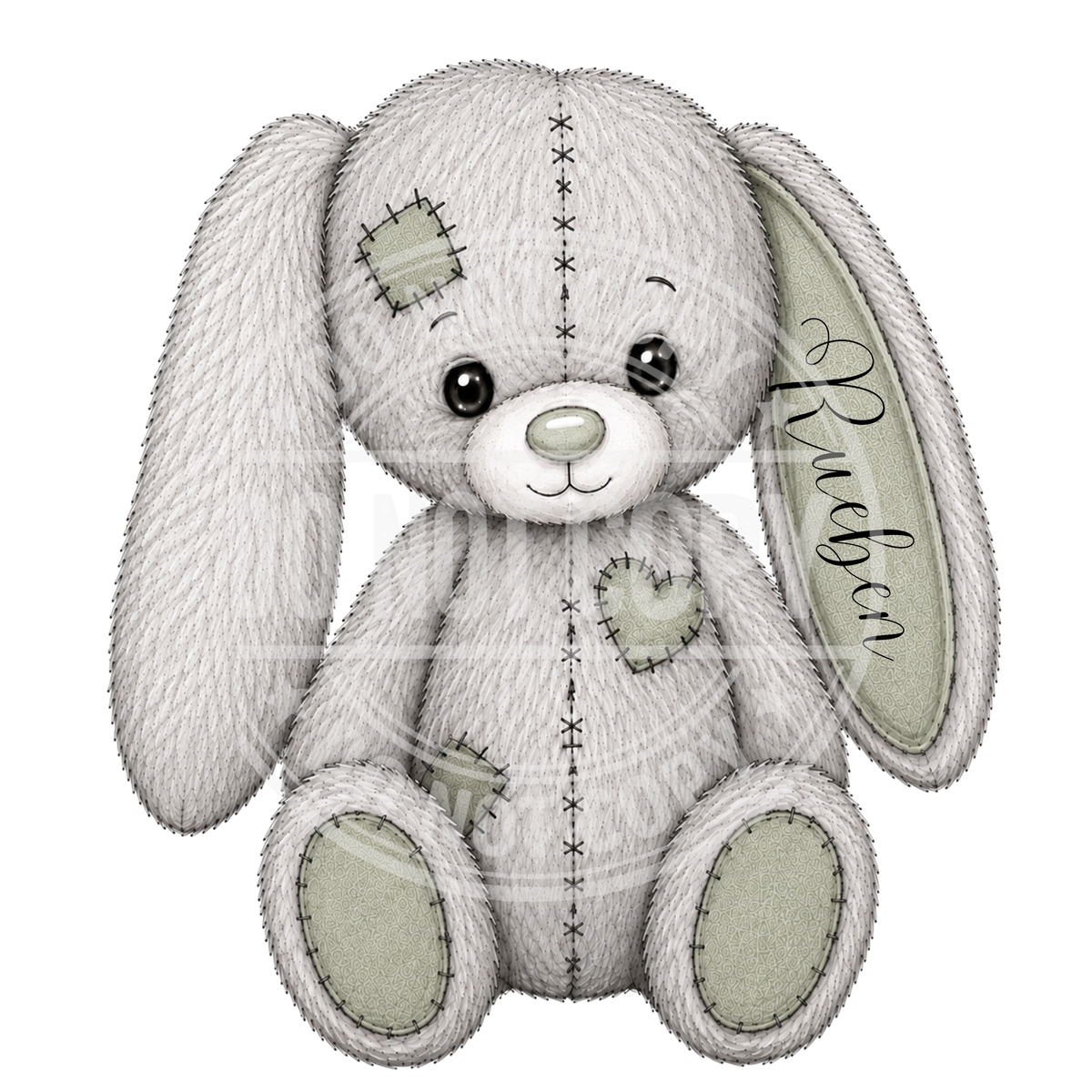 Grey patchwork bunny illustration with sage green ears and paws and a personalised name on one ear.