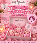 Pink Tenner Tuesday graphic advertising a £10 wax melt gift box with assorted home fragrance products.