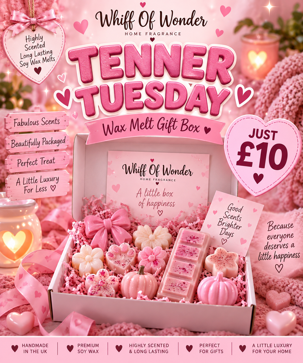 Pink Tenner Tuesday graphic advertising a £10 wax melt gift box with assorted home fragrance products.