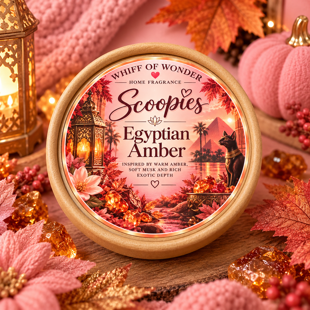 Egyptian Amber Scoopies tub with a pink autumn label beside pink pumpkins and leaves.