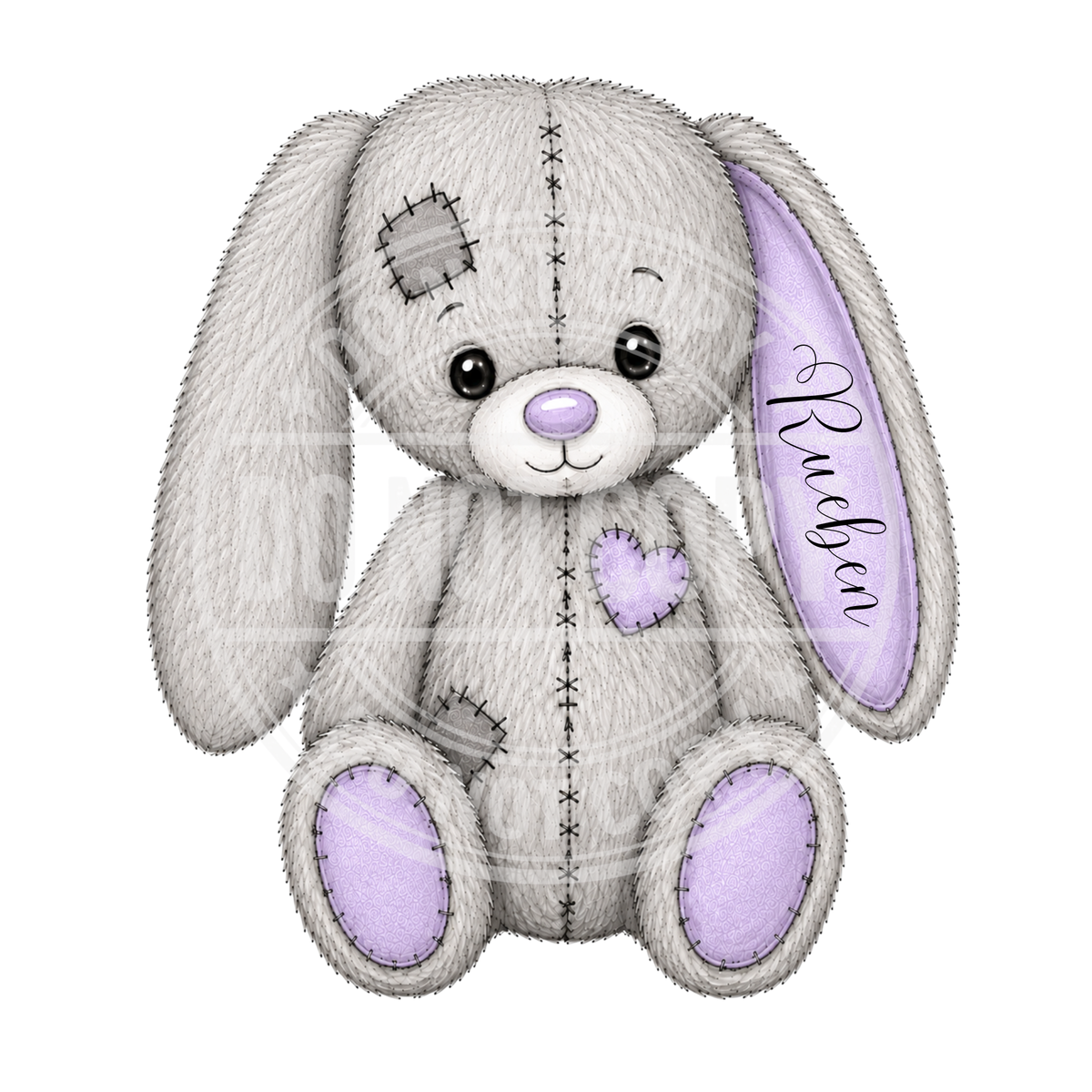 Grey patchwork bunny illustration with lilac ears and paws and a personalised name on one ear.