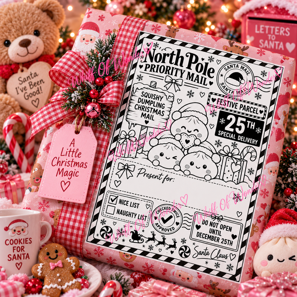 North Pole dumpling Christmas gift label with festive characters on a red-ribboned present.