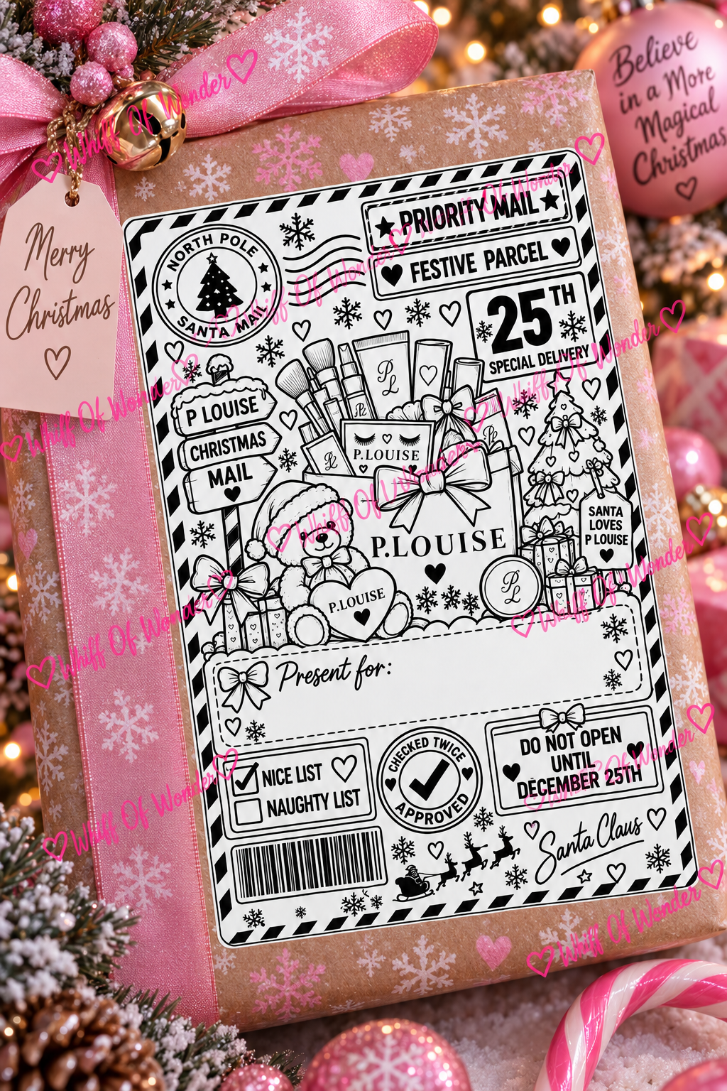 P.Louise makeup-themed Christmas shipping label with cosmetics, postal markings and pink accents on a ribboned gift.