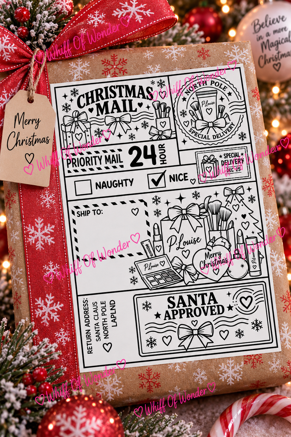 Makeup-themed Christmas Mail label with cosmetics illustrations and Santa Approved wording on a red-ribboned present.