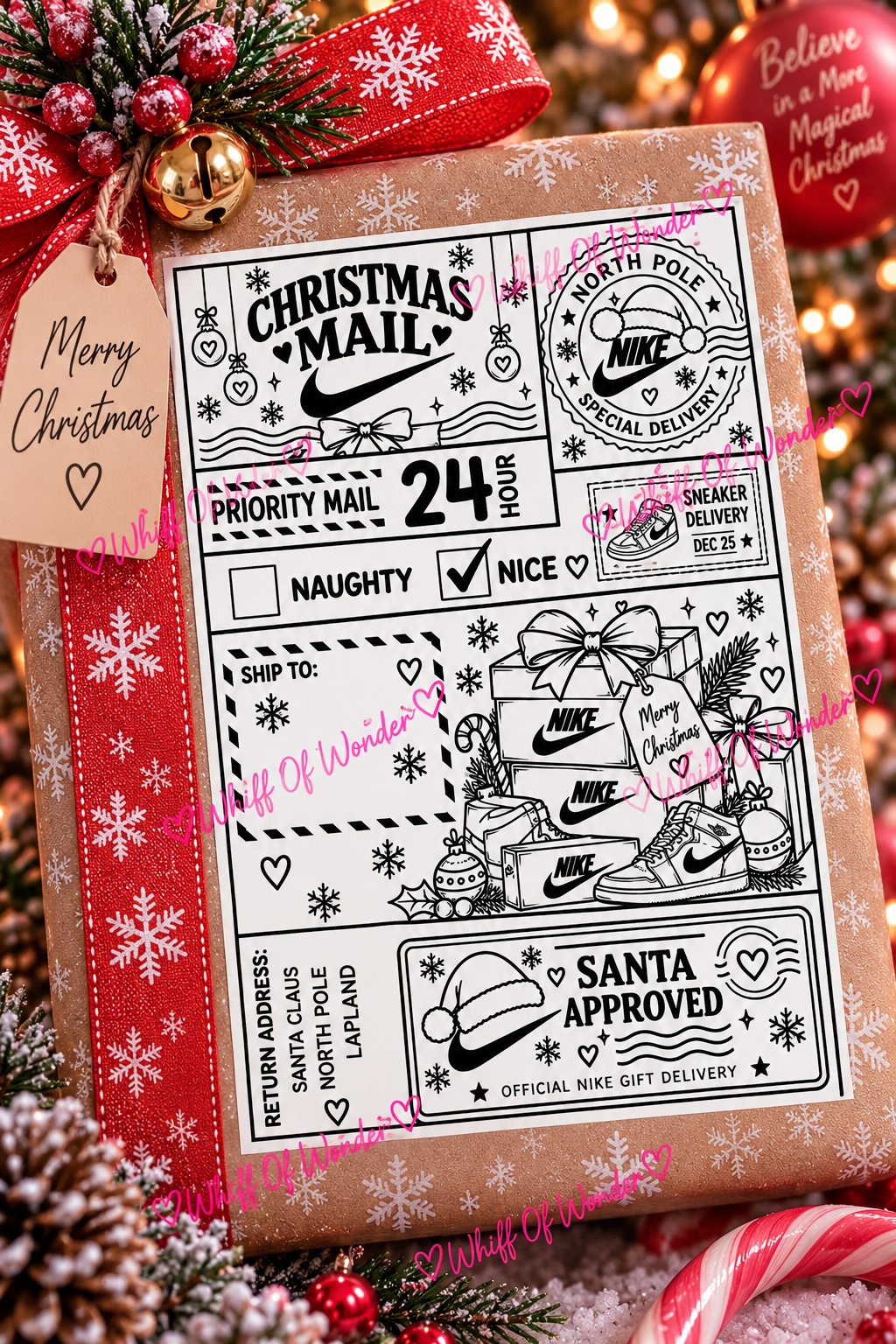 Tick Christmas shipping label with trainer artwork, postal markings and Santa Approved wording on a wrapped present.