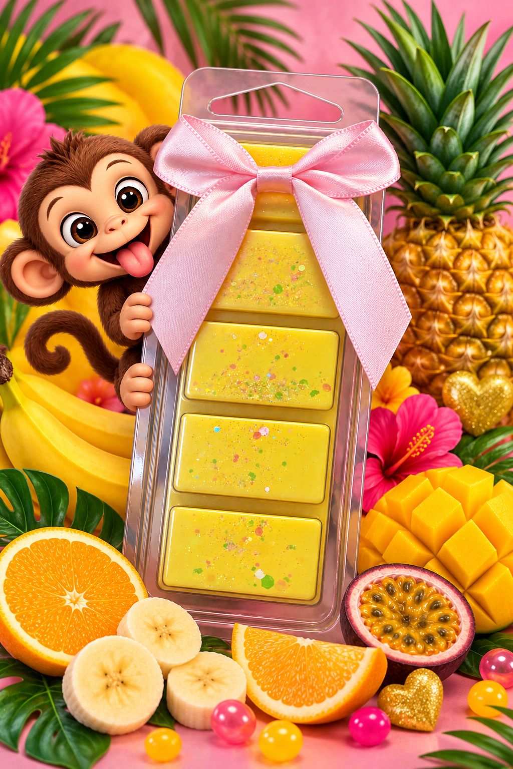 Yellow Monkey Farts wax melt bar with a pink bow, surrounded by tropical fruit and a cartoon monkey.