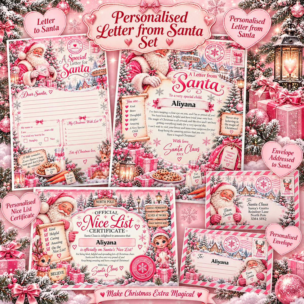 Pink personalised Santa letter bundle showing a letter, Nice List certificate and matching stationery in a festive collage.
