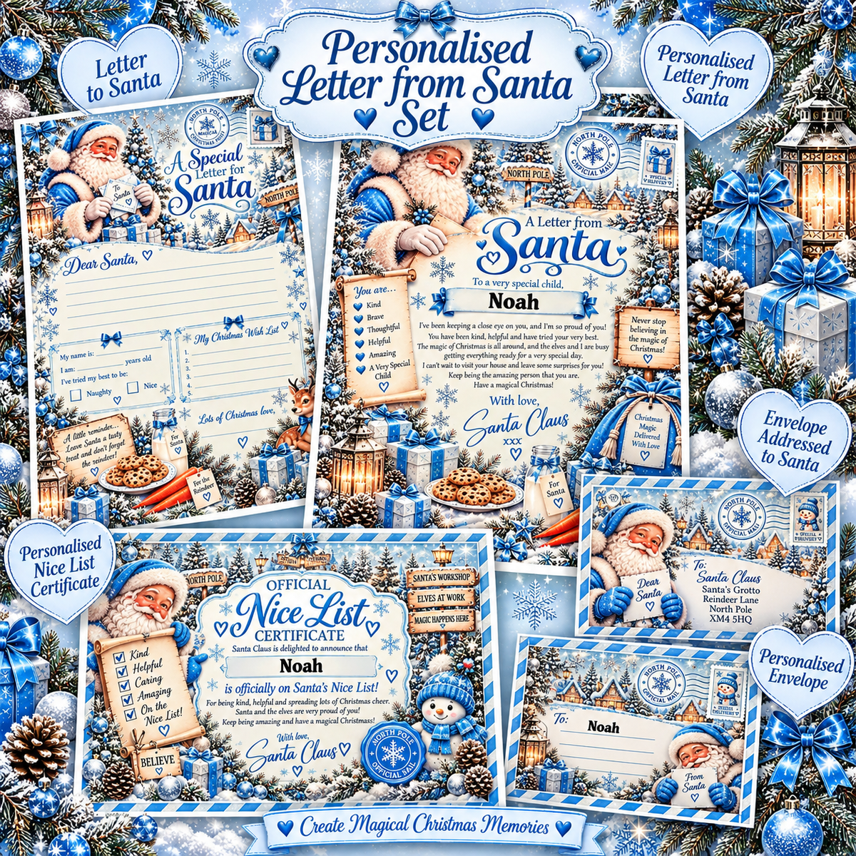 Blue personalised Santa letter bundle showing a letter, Nice List certificate and matching stationery in a festive collage.